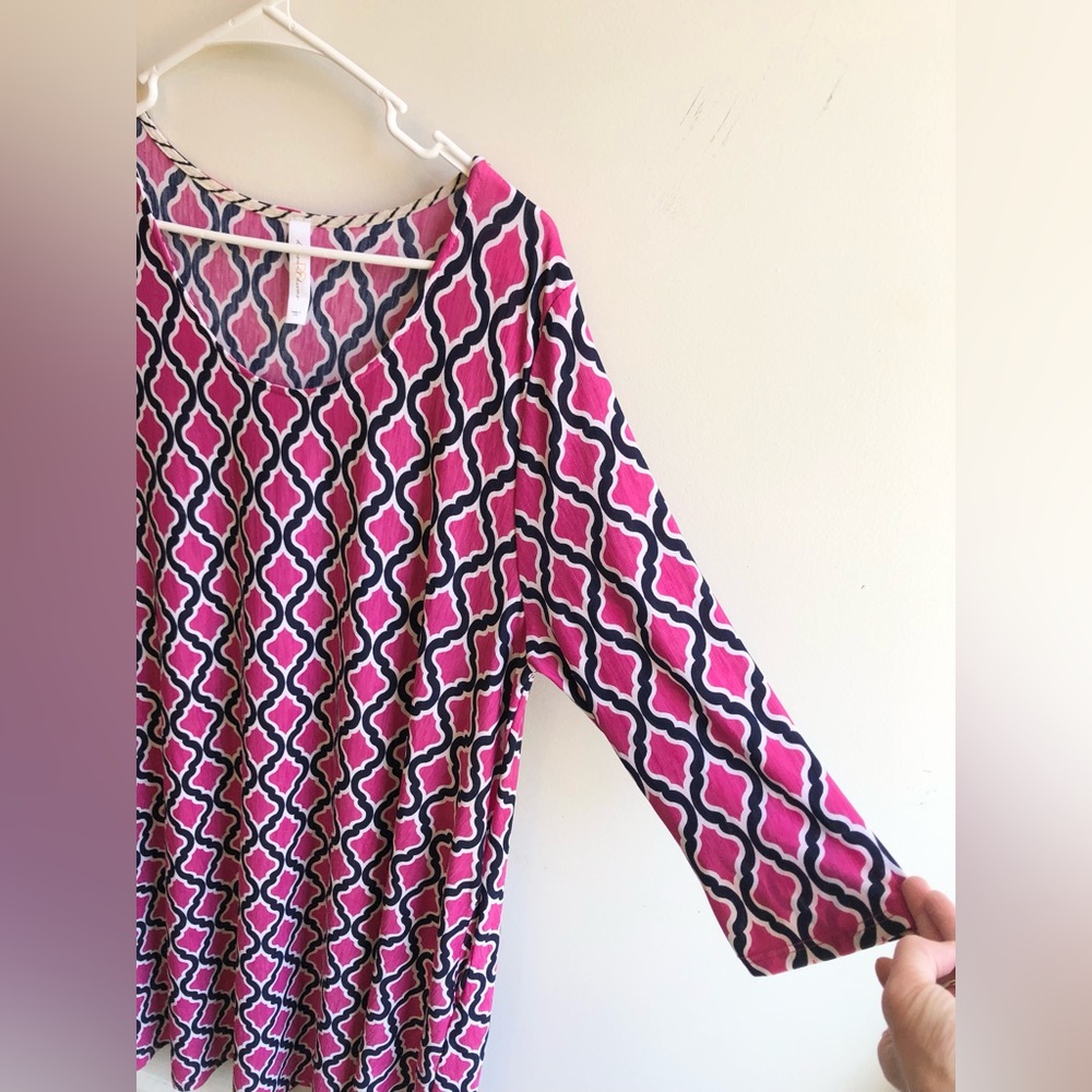 Pink Geometric Shift Dress Long Sleeve Lightweight - Picture 3 of 5